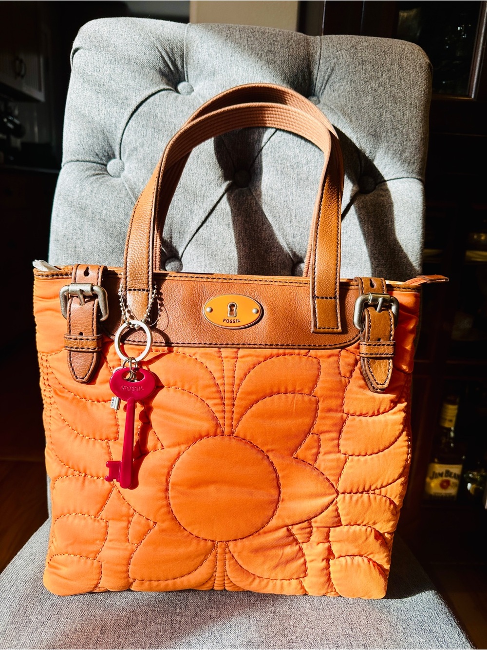 Fossil Key-Per Quilted Nylon Flower Tote Shoulder Bag Orange New Mint Never Used